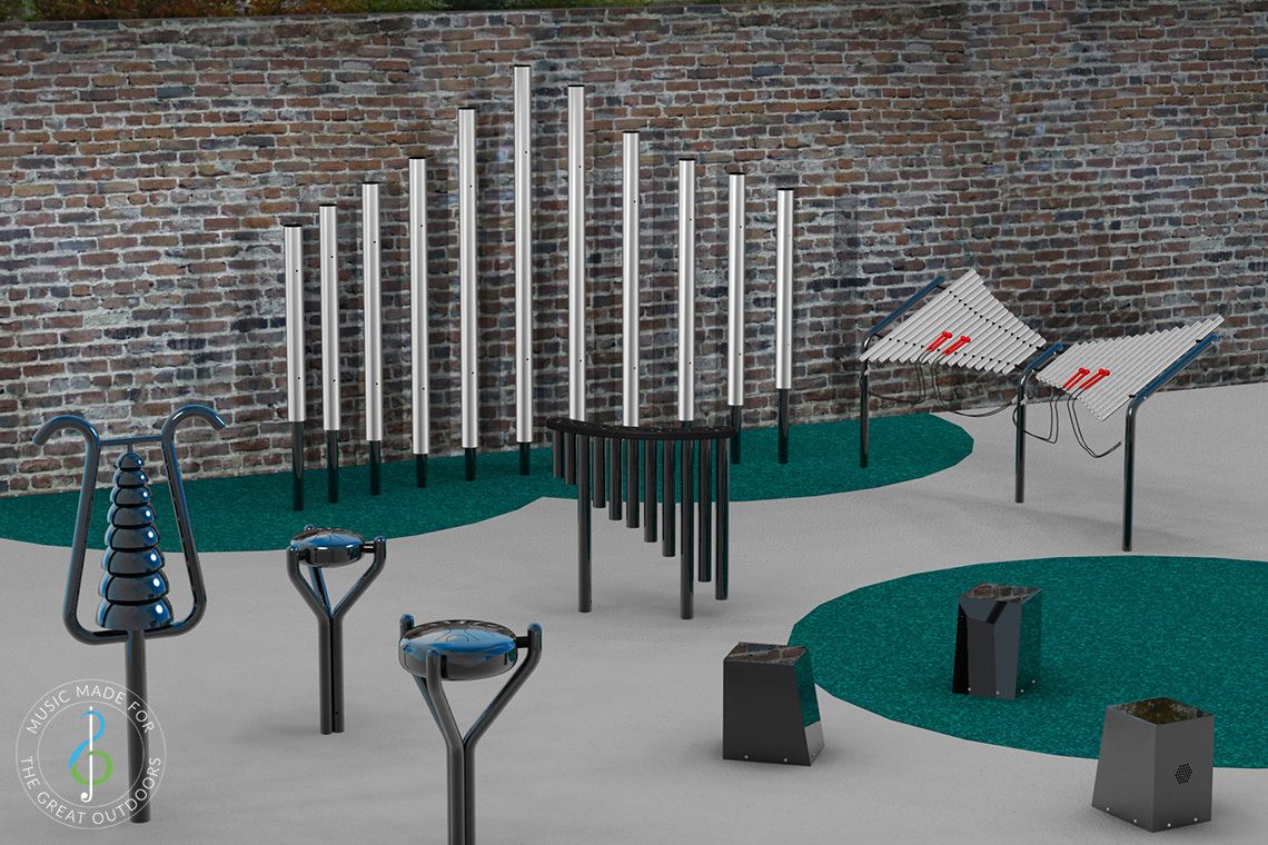 rendered image of outdoor musical instruments installed oin small courtyard